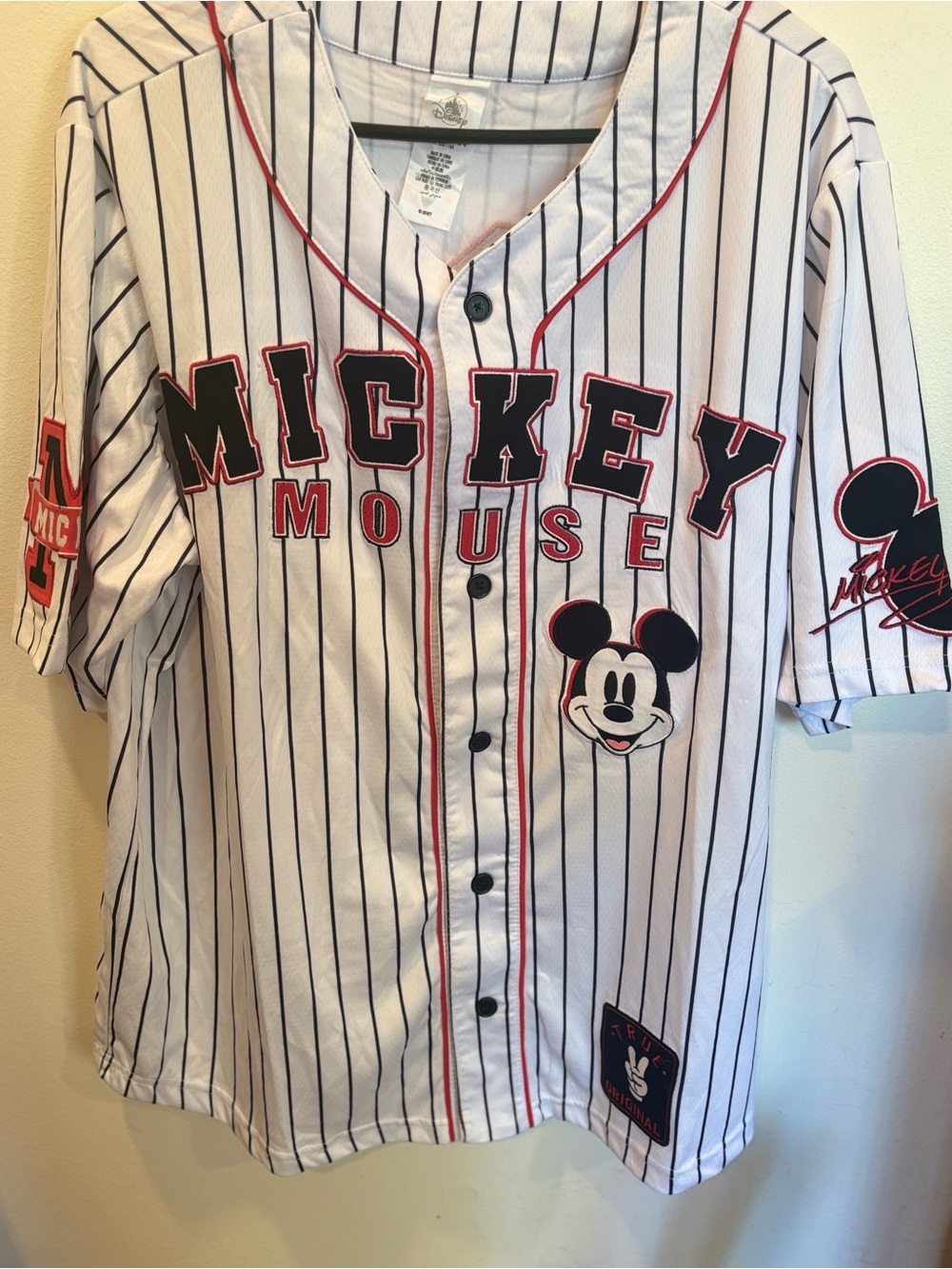 Disney White Pinstripe Mickey Mouse Baseball Jersey with Red Trim